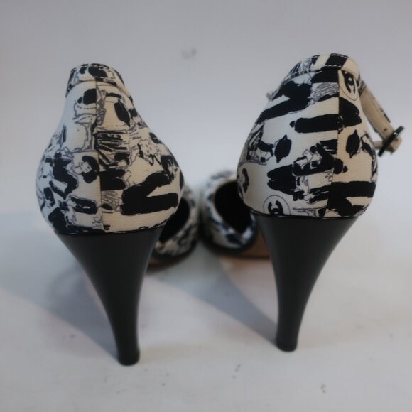 NWOB Authentic Chanel Black White Graphic Image Ankle Strap Heels 38.5 US/8.5 - Picture 9 of 13